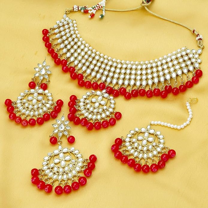 Red & Gold Pearl Bridal Necklace Set with Earrings