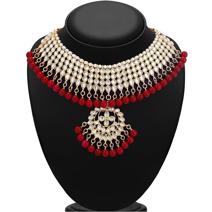 Red & Gold Pearl Bridal Necklace Set with Earrings