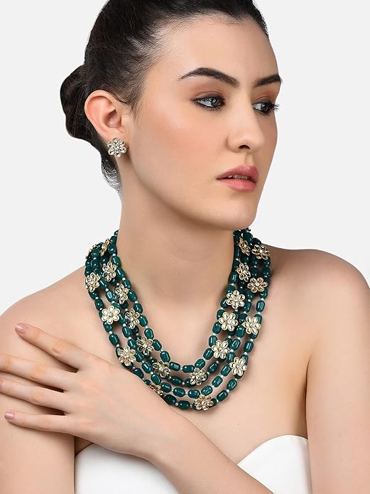 Emerald Green Beaded Layered Necklace Set (with Earrings)