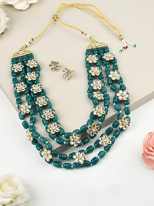 Emerald Green Beaded Layered Necklace Set (with Earrings)