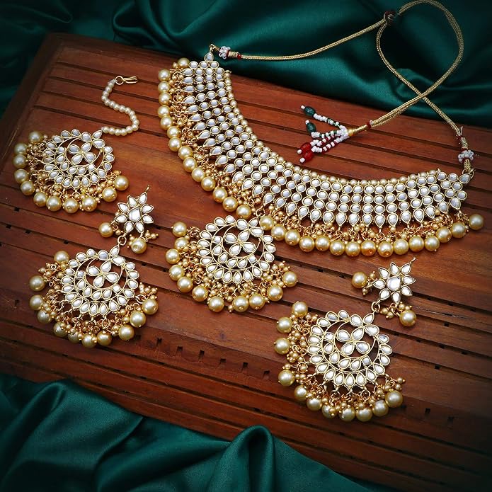 Luxury Gold & Pearl Choker Bridal Jewelry Set