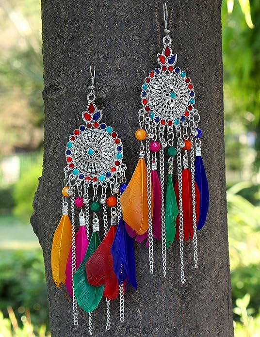 Bohemian Multicolor Dreamcatcher Feather Earrings