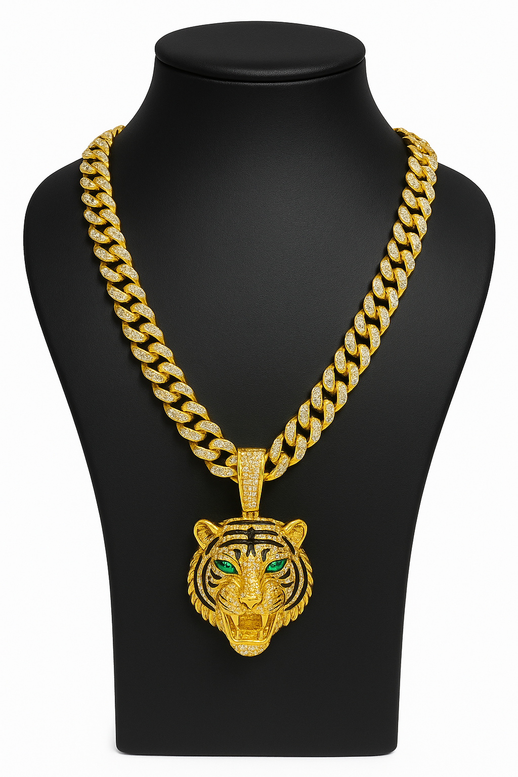 Iced Tiger Pendant with Cuban Link Chain – 18K Triple-Plated