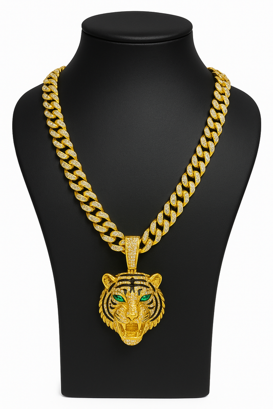 Iced Tiger Pendant with Cuban Link Chain – 18K Triple-Plated