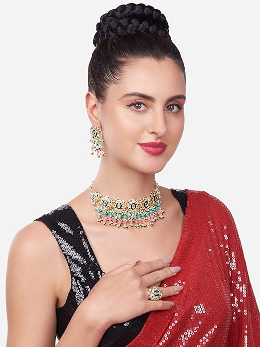 Multicolor Pearl & Gold Choker Jewelry Set