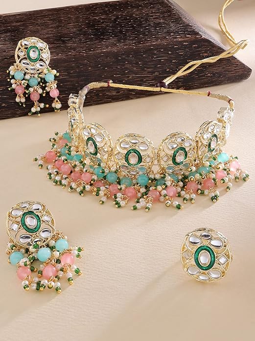 Multicolor Pearl & Gold Choker Jewelry Set
