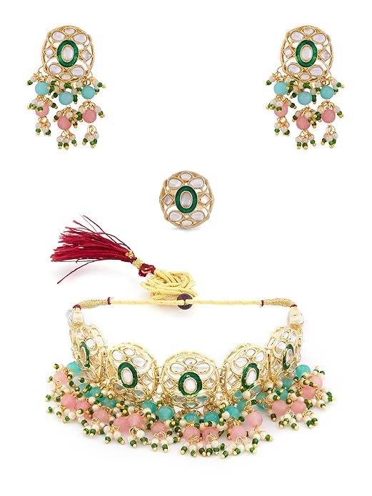 Multicolor Pearl & Gold Choker Jewelry Set