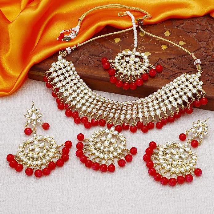 Red & Gold Pearl Bridal Necklace Set with Earrings