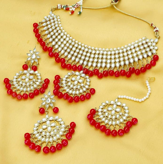 Red & Gold Pearl Bridal Necklace Set with Earrings