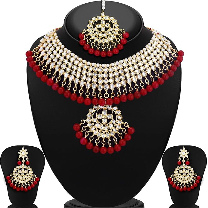 Red & Gold Pearl Bridal Necklace Set with Earrings