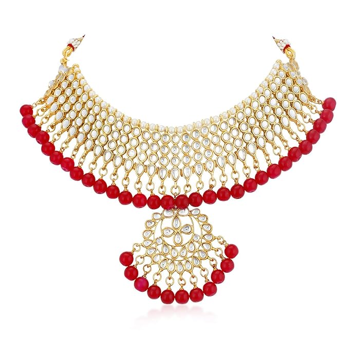 Red & Gold Pearl Bridal Necklace Set with Earrings