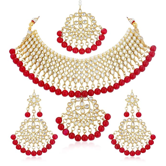 Red & Gold Pearl Bridal Necklace Set with Earrings