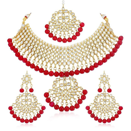 Red & Gold Pearl Bridal Necklace Set with Earrings