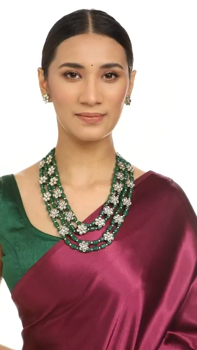 Emerald Green Beaded Layered Necklace Set (with Earrings)