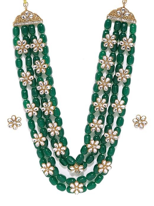 Emerald Green Beaded Layered Necklace Set (with Earrings)