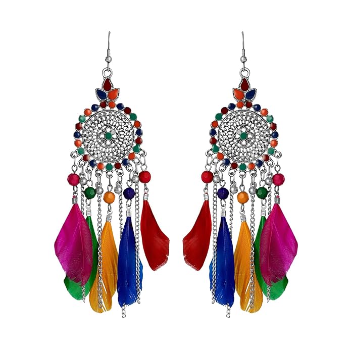 Bohemian Multicolor Dreamcatcher Feather Earrings